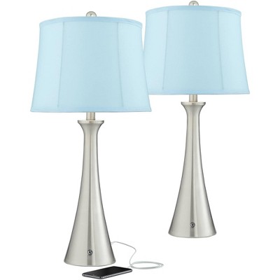 360 Lighting Modern Table Lamps Set of 2 with USB and AC Power Outlet in Base Brushed Nickel Blue Softback Drum Shade Living Room