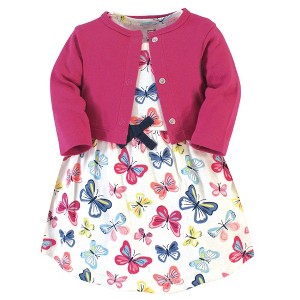 Touched by Nature Baby and Toddler Girl Organic Cotton Dress and Cardigan 2pc Set, Bright Butterflies - 1 of 4