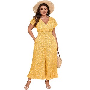 Women's Plus Size Wide Leg Floral Jumpsuits Casual Summer Short Sleeve Fashion Outfit Criss Cross Neck Smocked Waist - 1 of 4