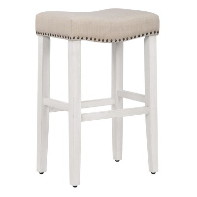 29" Beige Linen Upholstered Wooden Saddle Barstool