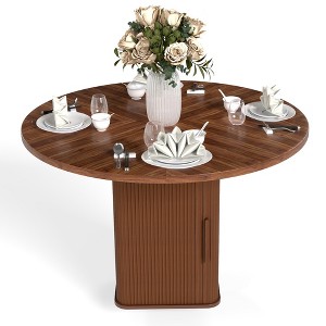 Angel Sar 47'' Round Dining Table with Storage Shelf, MDF Wooden Sliding Door Kitchen Table for Small Spaces, Walnut - 1 of 4