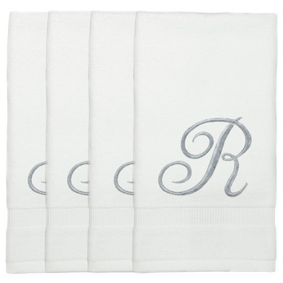 BC BARE COTTON Monogrammed Fingertip Towels, Personalized Gift, 11 x 18 Inches - Set of 4 - White - Silver Script