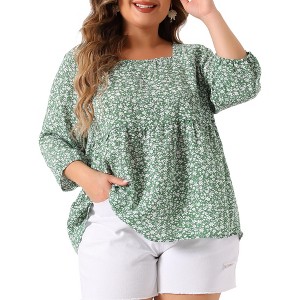 Agnes Orinda Women's Plus Size 3/4 Sleeve Square Neck Floral Peplum Babydoll Blouses - 1 of 4