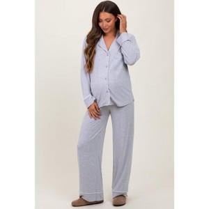 Pinkblush Heather Grey Button Down Top Wide Leg Pant Maternity Pajama Set - 1 of 4