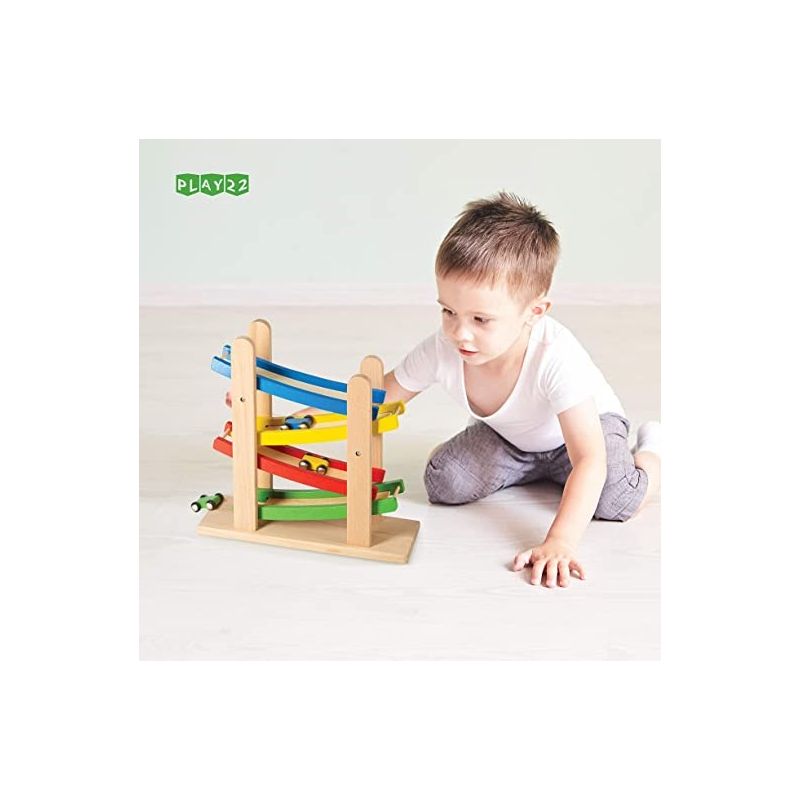 4 Level Toy Wooden Car Roller Ramp - Wooden Race Track Car Ramp Racer With 4 Wooden Cars - Toddler Race Car Ramp - Play22Usa, 3 of 10