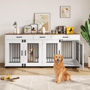 Double Dog Crate Furniture, 71 in  Indoor Wooden Dog Kennel with Removable Divider, 3 Drawers, for Medium Large Breeds, Brown+White - 1 of 4