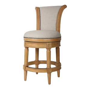 HomeRoots 25" Beige and Natural Fabric and Solid Wood Counter Height Swivel Bar Chair - 1 of 4