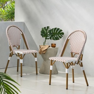 Outdoor PE Ratten and Aluminum French Bistro Chairs, Set of 2, Rusted Red & White, Bamboo Print Finish. - 1 of 4
