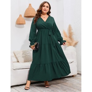 Plus Size Women's V-Neck long sleeve Maxi Dress High-Waist Pleated Hem for a Flattering and Elegant Look - 1 of 4