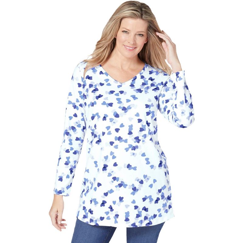 Woman Within Women's Plus Size Perfect Printed Long-Sleeve V-Neck Tunic, 1 of 2