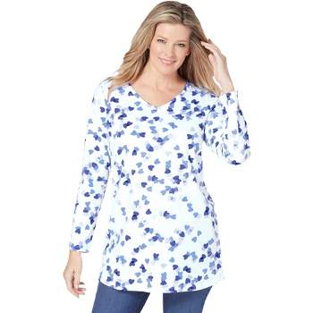 Woman Within Women's Plus Size Perfect Printed Long-Sleeve V-Neck Tunic