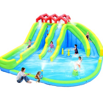 VisioGear Inflatable Water Parks, Inflatable Slide Water Park with Sprinkler Fountain Climbing Wall, Multicolored, 204"*197"*94"
