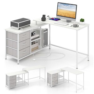 Costway L-shaped Computer Desk with Power Outlet, Drawers, Metal Mesh Shelves Rustic Brown/Black/White - 1 of 4