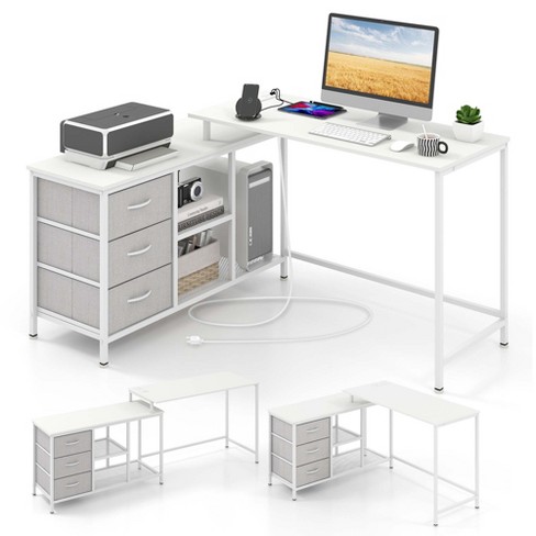 Costway L-shaped Computer Desk with Power Outlet, Drawers, Metal Mesh Shelves Rustic Brown/Black/White - image 1 of 4