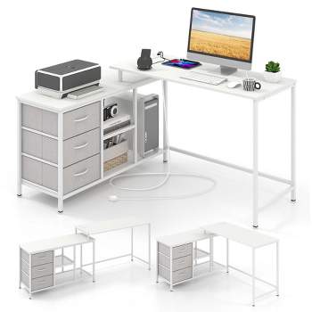 Costway L-shaped Computer Desk with Power Outlet, Drawers, Metal Mesh Shelves Rustic Brown/Black/White