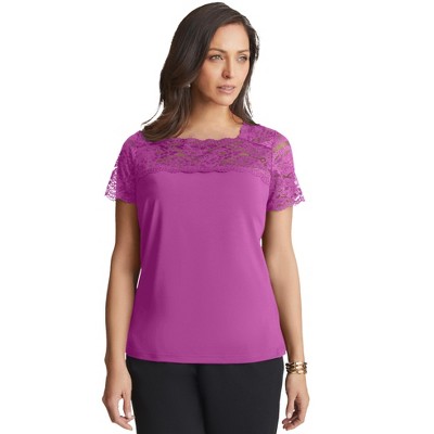 Jessica London Women's Plus Size Stretch Lace Neckline Top