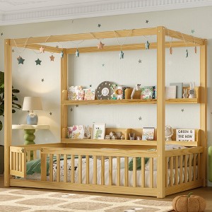 Twin/Full Montessori Floor Bed Canopy Bed Frame with Built-in Shelves & Safety Guardrails - ModernLuxe - 1 of 4