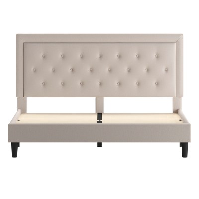 Modern Beige King Size Tufted Upholstered Platform Bed with Slats