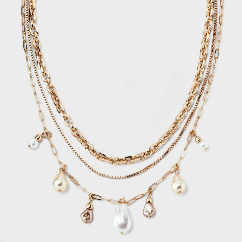 Chain Pearl Multi-Strand Necklace Set 3pc - A New Day™ Gold/White