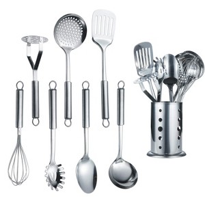 Itopfox 8-Piece Stainless Steel Kitchen Utensil Set with Stand, Includes Ladle, Skimmer, Slotted Turner, Pasta Server, Serving Spoon, Potato Masher - 1 of 4