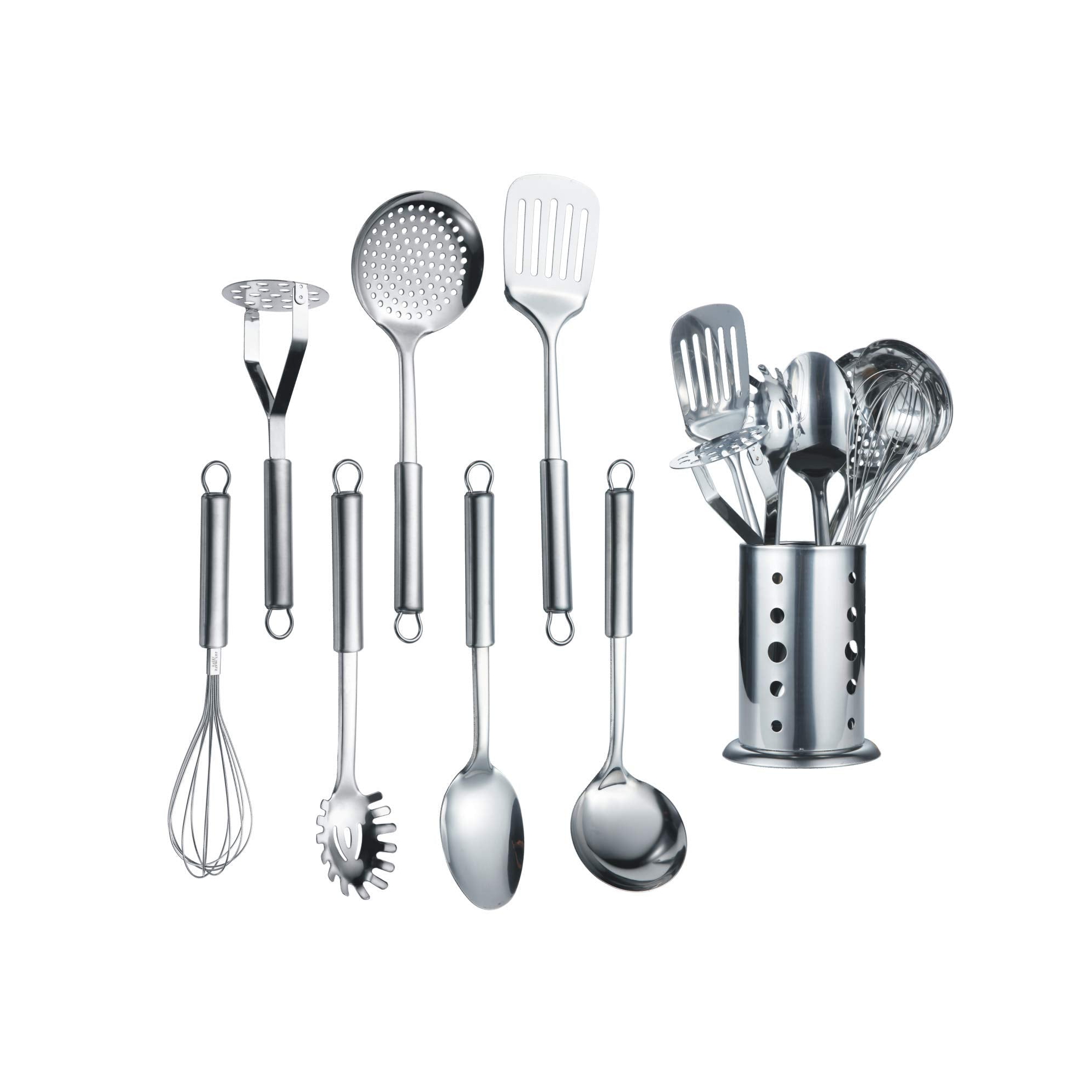 Itopfox 8-Piece Stainless Steel Kitchen Utensil Set with Stand, Includes Ladle, Skimmer, Slotted Turner, Pasta Server, Serving Spoon, Potato Masher