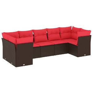 vidaXL 7 Piece Patio Sofa Set with Cushions Brown and Red Poly Rattan - 1 of 4
