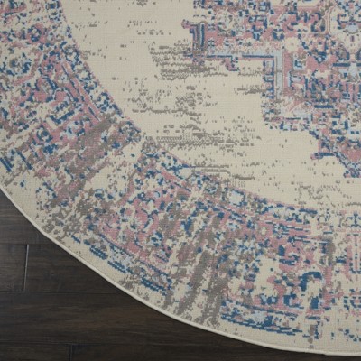 Elegant Medallion Hand-Knotted Round Rug in Ivory and Pink