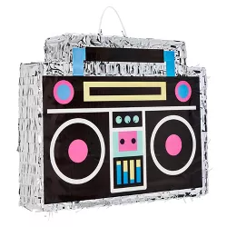 Blue Panda Small Retro Boombox Pinata with Metallic Silver Foil for Kids Birthday, 80s Theme Party Decorations, 16.5 x 12.8 in