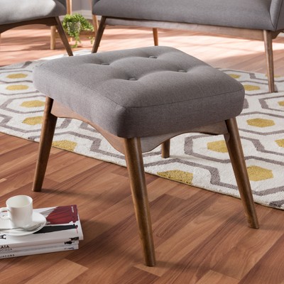 Waldmann Mid Century Modern Fabric Upholstered Ottoman Gray - Baxton Studio: Walnut-Finished Legs, Button-Tufted, Foam Padded