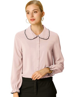 Allegra K Women's Sweet Ruffle Peter Pan Collar Long Sleeves Button Down Shirt