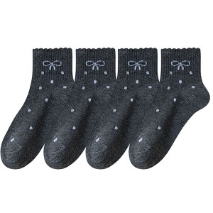 Anna-Kaci Women's Soft Cotton Ankle Socks with Bow Embroidery Polka Dot Design 4 Pairs - 1 of 4