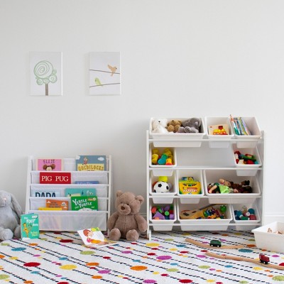White 4-Tier Kids Book Rack with Fabric Pockets