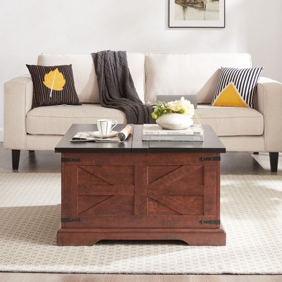 Farmhouse Coffee Table, Rustic Cocktail Table With Hinged Lift Top, Unique Square Accent End Tables With Large Hidden Storage Compartment, Oak