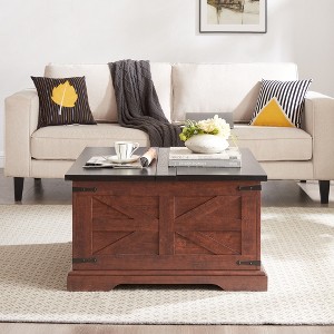 Farmhouse Coffee Table, Rustic Cocktail Table With Hinged Lift Top, Unique Square Accent End Tables With Large Hidden Storage Compartment, Oak - 1 of 4