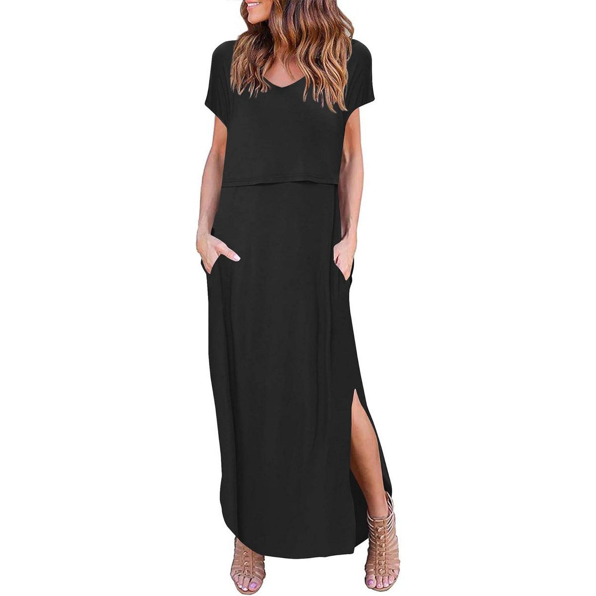 Женские платья Ekouaer Women's Nursing Dress Summer V Neck Short Sleeve Maternity Split Long Dresses for Breastfeeding with Pockets Green L — фото 3