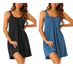 cheibear Women's Sleeveless Elastic Wide Strap Large Hem Short Nightgown 2 Pcs - 1 of 4