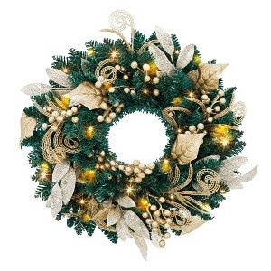 18 In Christmas Wreath for Front Door, Artificial Christmas Wreath  with Gold Leaves and Berries, Holiday Wreaths for Door Fireplace Decor - 1 of 4