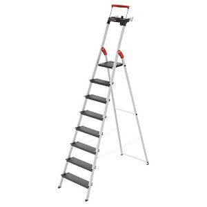 Hailo Folding Step Ladder, 8 Collapsible Non-Slip Steps with 12.2 Foot Reach for Garage, Home and Kitchen, L100 TopLine, Silver/Black - 1 of 4