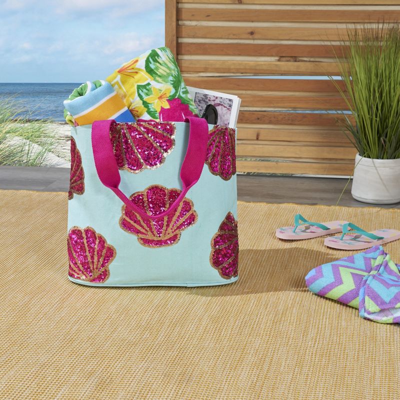Mina Victory Pink Sequin Seashells 22" x 15" x 6" Beach Bag with Matching Clutch Turquoise, 2 of 9