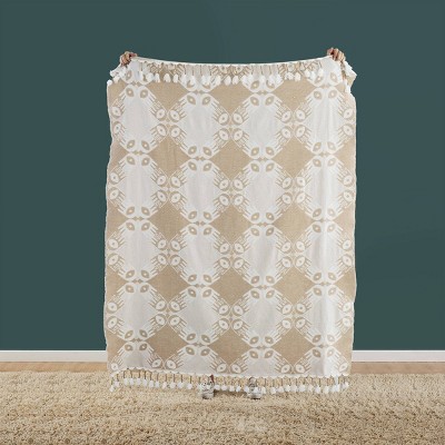 Tan and White Woven Polyester-Acrylic Throw Blanket with Tassels