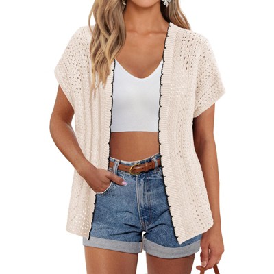 Clearlove Women Cardigan Summer Short Sleeves Hollow Out Crochet Knit Shrug Dressy V Neck Lightweight Sweater
