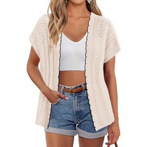 Clearlove Women Cardigan Summer Short Sleeves Hollow Out Crochet Knit Shrug Dressy V Neck Lightweight Sweater - 1 of 4