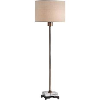 Uttermost Industrial Buffet Table Lamp 33" Tall Antique Brass Gold Iron Beige Linen Drum Shade for Living Room House Home Dining