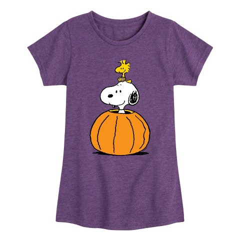 Футболка Peanuts Snoopy Woodstock Pumpkin Fitted Short Sleeve Graphic T-Shirt - Heather Purple для девочек, цвет: Меланжевый фиолетовый