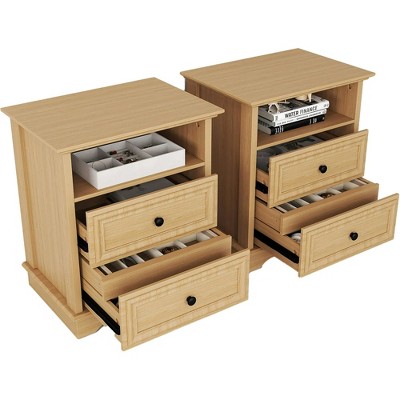 Brafabhome Set of 2 Nightstands with 2 Drawers, Mid-Century Bedside Table with Open Storage Shelf and Hidden Drawer for Bedroom Living Room | Natural