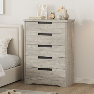 Jojoka 5-Drawer Gray Dresser with Embedded Handles – Modern Wooden Storage Organizer for Bedroom, Living Room, Nursery, Entryway - 1 of 4