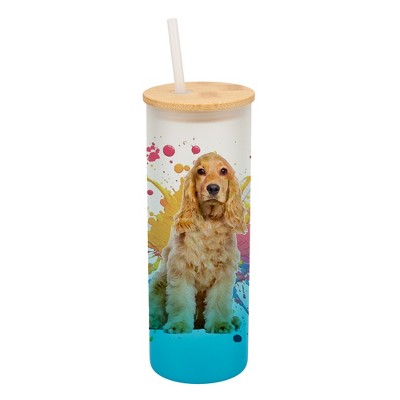 100 North 25 Ounce Frosted Glass Gradient Travel Tumbler With Straw & Wooden Lid, Cocker Spaniel Dog Paint Splatter Sky Blue