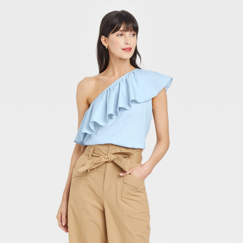 Women's One Shoulder Ruffle Top - A New Day Light Blue XL