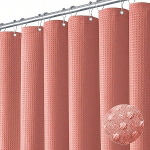 Extra Long Shower Curtain - 84 Inch Waffle Weave Heavy Duty Bath Curtain Set with 12 Hooks, 72x84, Coral - 1 of 4