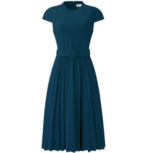 INSPIRE CHIC Women's Mock Neck Cap Sleeve Belted A-Line Midi Pleated Dresses - 1 of 4